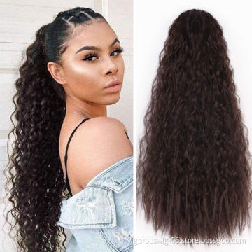 Vigorous Long Sexy Ponytail Extension 22 Inch Water Wave Kinky Straight Bun Drawstring Synthetic Ponytail Hair Extension
